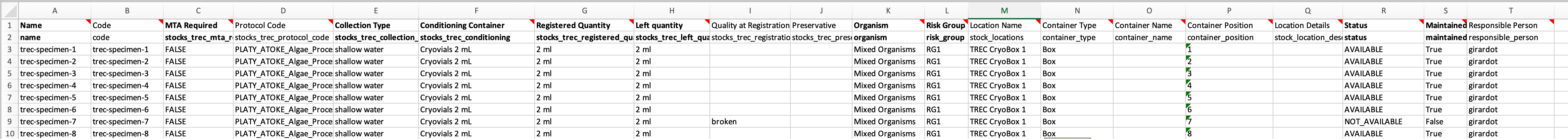 Simplified spreadsheet to batch-create TREC Specimen